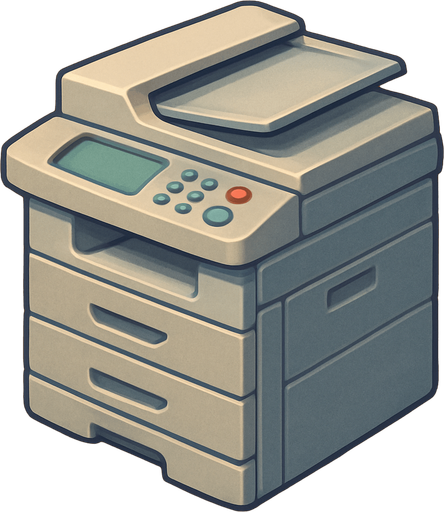 A copy printer. Cute soft graphics. soft ambient light. semi-matte to satin surfaces. naturalistic with slight saturation boost colors. 
In-Game asset.  2d.  High contrast.  No shadows. top down..
In-Game asset.  2d.  High contrast.  No shadows