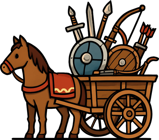 Kılıç kalkan ok yay gibi savaş malzemeleri taşıyan at arabası.
In-Game asset.  2d.  High contrast.  No shadows