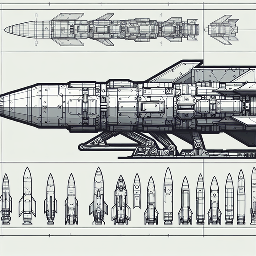 Missile seen from the side.
Single Game Texture.  In-Game asset.  2d.  Blank background.  High contrast.  No shadows