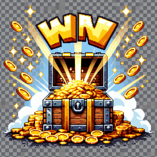simple golden text saying "WIN". text is bursting out of the treasure chest with golden coins bursting behind the text. pirate themed banner. pixelated. 8 bit..
Single Game Texture. In-Game asset. 2d. Blank background. High contrast. No shadows.