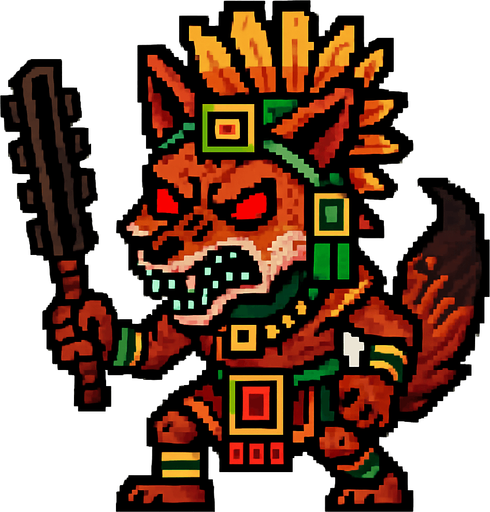 Genérame una Zorro Cangrejero guerrero azteca con eso patrones, estilo pixelar, con una apariencia maligna, ojos rojos, rabioso. Unidad cuerpo a cuerpo. Animal.
In-Game asset.  2d.  High contrast.  No shadows