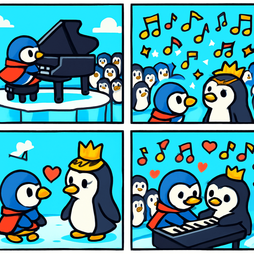 4-panel comic strip, no text, cute cartoon style, bright colors, black outlines.
Characters: Penguin Hero (small, determined) + Penguin Princess (elegant, crown) + Village Penguins
Central Theme: Music connects hearts, piano mastery wins love. Story: Hero's grand performance wins Princess's heart and village's admiration

Panel 1: Hero plays grand piano on large ice stage, whole village watching
Panel 2: Beautiful music fills the air, all penguins are enchanted, notes sparkle
Panel 3: Princess approaches Hero, heart symbols floating between them
Panel 4: Hero and Princess together at piano, playing duet, village celebrates with hearts/music notes everywhere.
In-Game asset.  2d.  High contrast.  No shadows