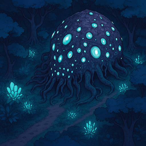 Top down isometric Cyberpunk forest, anime Akira-nausicaa inspired, background scene, large sci-fi horror bioluminescent glowing alien flora