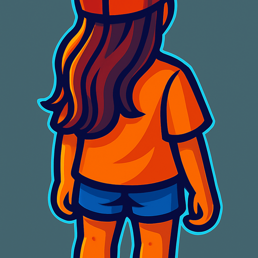 A young woman with long hair and shorts.