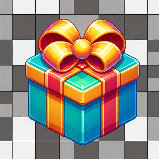 gift wrapped box, vivid colours. with bow on top Single Game Texture. In-Game asset. 2d. Blank background. High contrast. No shadows.