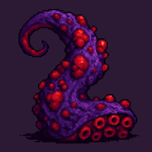 2d pixel art high quality enfected mutant purple and red tentacle.
In-Game asset.  2d.  High contrast.  No shadows