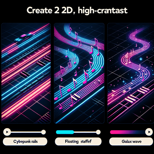 Design: A dynamic, glowing path that scrolls forward.

Style Options:

Cyberpunk neon rails

Floating musical staff lines

A galaxy wave track.
Single Game Texture.  In-Game asset.  2d.  Blank background.  High contrast.  No shadows