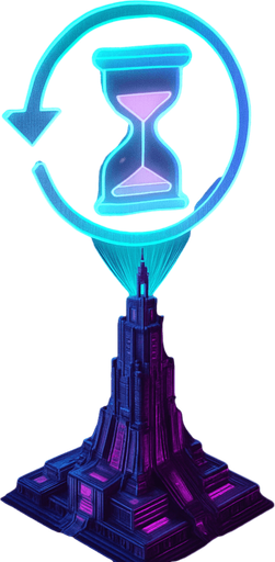 Top down isometric neon cyberpunk futuristic massive tower spire 3D slow down rewind symbol projection over top, time slowed symbol purples teal pink vaporwave glowing hologram over top hourglass glowing fully in frame not cutoff no background
