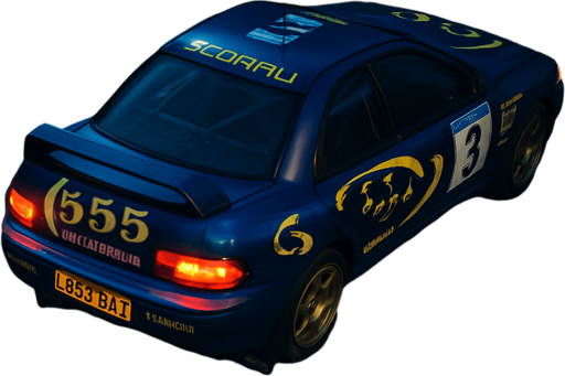 Photorealistic 1990'S Subaru Impreza WRC Rallycar in nightlight, drone topview from back and 45 degrees angle in top right corner