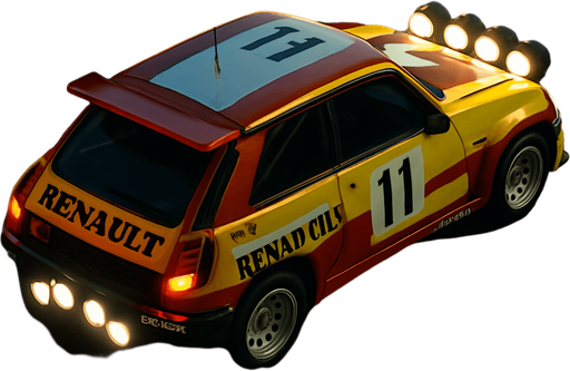 Photorealistic RENAULT Rallycar in nightlight, drone topview from back and 45 degrees angle in top right corner.