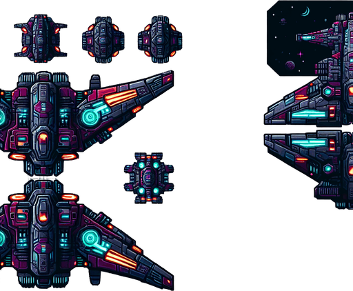 enemy space ship
Single Game Texture. In-Game asset. 2d. Transparent background. High contrast. No shadows.