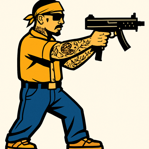 un pandillero mexicano apuntando con un SMG con la perspectiva lateral.
In-Game asset.  2d.  High contrast.  No shadows de cuerpo completo