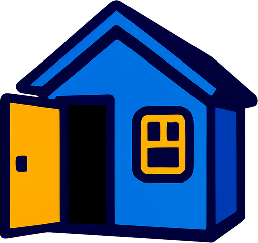 blue house, open door looking left.
In-Game asset.  2d.  High contrast.  No shadows