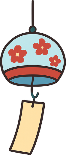 A flat, vector-style illustration of traditional Japanese wind chimes (furin) hanging from a string with a small paper tag. Gentle, peaceful design, transparent rounded background, suitable for mobile UI use..
In-Game asset.  2d.  High contrast.  No shadows
