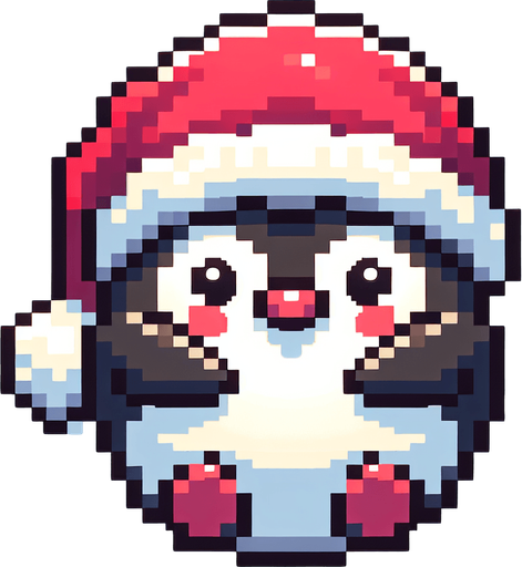 cute fat chubby parachuting penguin wearing a santa hat. pixelated. 8 bit. Single Game Texture. In-Game asset. 2d. Blank background. High contrast. No shadows.