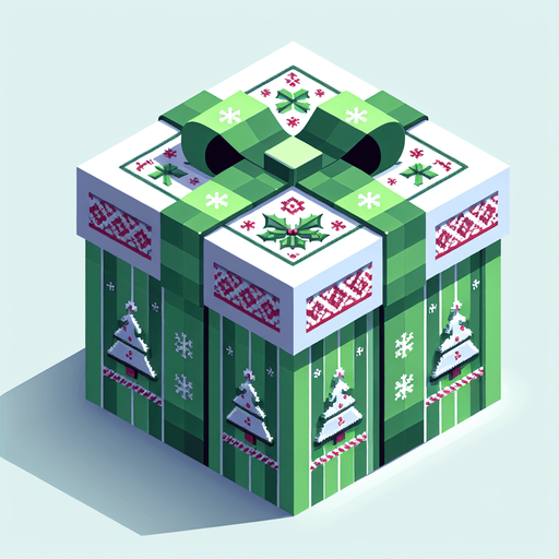 a big green and white christmas gift ornated. isometric view. nothing under. Single Game Texture. In-Game asset. 2d. Blank background. High contrast. No shadows.