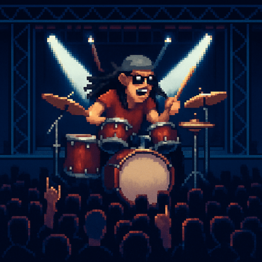 Add pixel cool crazy drummer, with glasses and gray bandana, red tshirt, long black hair, playing drums