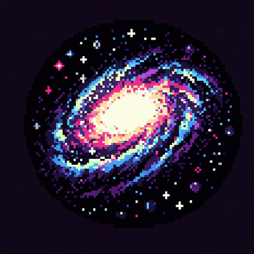 Galaxy pixelart in black background
Single Game Texture. In-Game asset. 2d. Blank background. High contrast. No shadows.