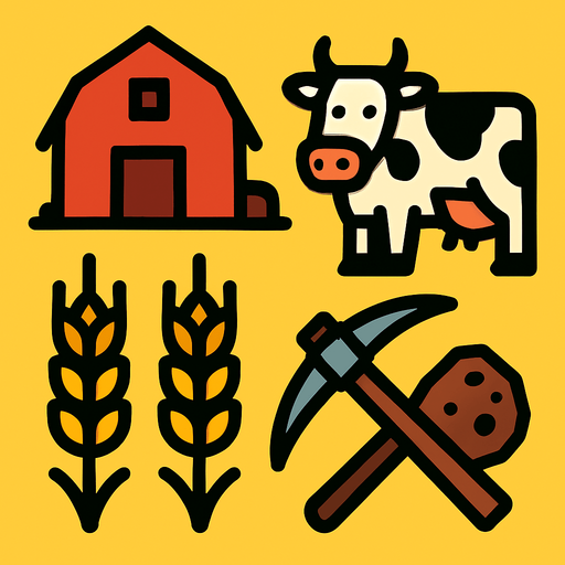 My farm, wheat, cow, ore, pickaxe. Starting screen style.
In-Game asset.  2d.  High contrast.  No shadows
