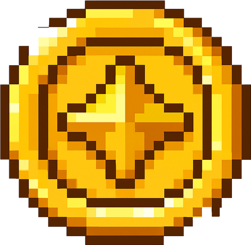 Golden coin sprite, shiny yellow gold surface, circular shape with star or gem symbol in center, pixel art style, slight shine effect or sparkle, collectible item appearance, rotating animation-ready, bright and eye-catching, classic video game coin design, 16-bit aesthetic, transparent background.
In-Game asset.  2d.  High contrast.  No shadows