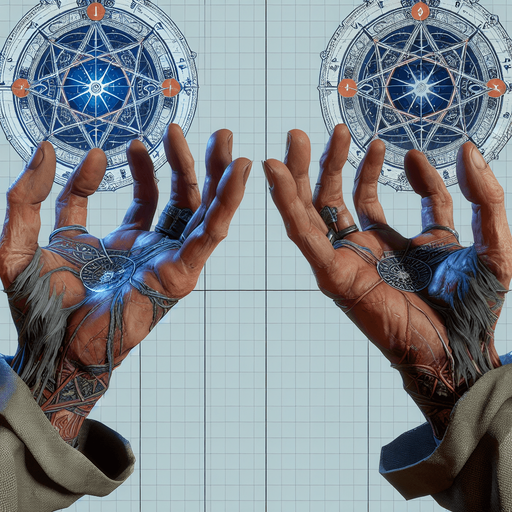 hands of wizard in idle position from first person perspective.
Single Game Texture.  In-Game asset.  2d.  Blank background.  High contrast.  No shadows