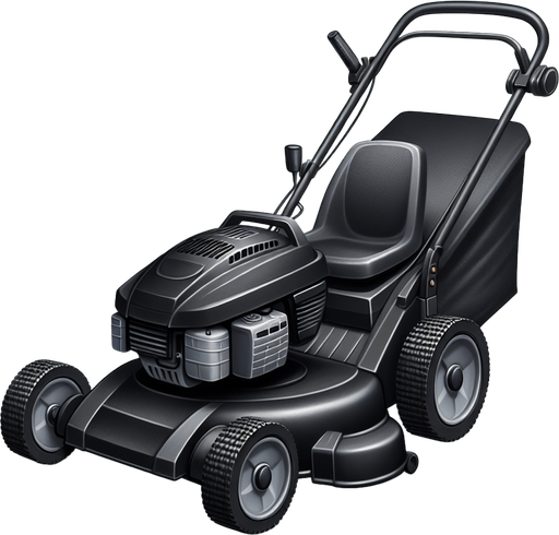 Black lawnmower.
Single Game Texture.  In-Game asset.  2d.  Blank background.  High contrast.  No shadows