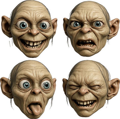 3D Scary but funny and cute face meme of gollum. only face, different faces look.
In-Game asset.  3D.  High contrast.  No shadows. only face