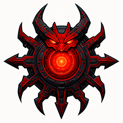 Topdown view, flying red demonic virus boss, evil-looking, sharp edges, glowing red core, cyber style, futuristic tech details, no background, circular, symmetrical.
In-Game asset.  2d.  High contrast.  No shadows