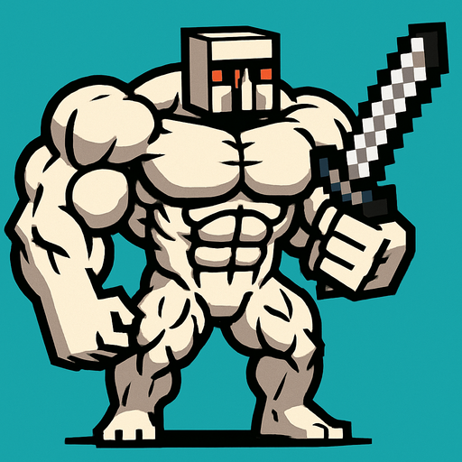 A super buff iron golem with super big muscles and that has a Minecraft iron sword in his hand..
In-Game asset.  2d.  High contrast.  No shadows