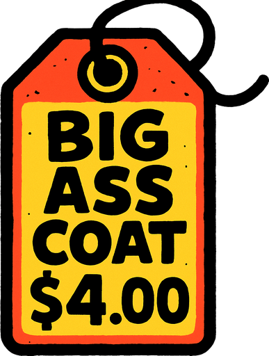 Price tag that says big ass coat $4.00.
In-Game asset.  2d.  High contrast.  No shadows