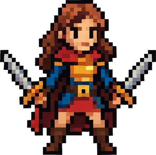swords girl hero, standing, pixel art, no backgroun.
In-Game asset.  2d.  High contrast.  No shadows