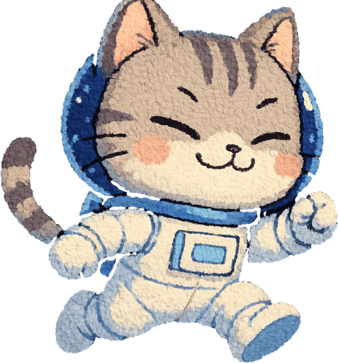 A cute kitten, illustrated in an adorable chibi anime style and wearing an astronaut suit, is leaping through outer space with a smug, confident smile on its face. Its pose is full of playful energy