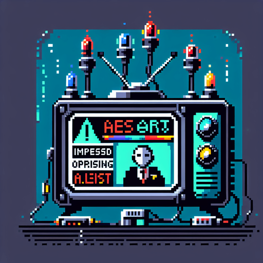 Design a pixel art scene for a game item: a TV broadcasting a news alert about an imminent AI uprising. Include flashing warning signs and depict the newscaster in a state of high alert to convey urgency and tension, ensuring all elements are styled to fit within a pixelated game environment.. pixelated. 8 bit..
Single Game Texture. In-Game asset. 2d. Blank background. High contrast. No shadows.