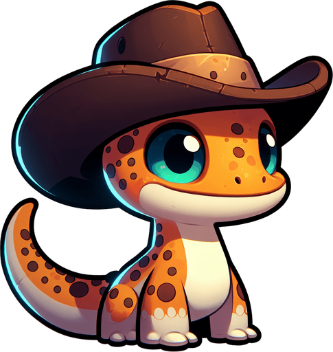 cartoon gecko with a cowboy hat.
Single Game Texture. In-Game asset. 2d. Blank background. High contrast. No shadows.