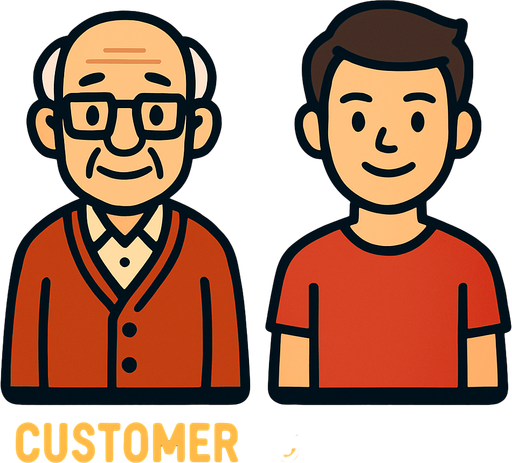 bana bir tane 2d önden bakılmış yaşlı customer bir tane de 2d önden bakılmış genç bir customer çiz.
In-Game asset.  2d.  High contrast.  No shadows
