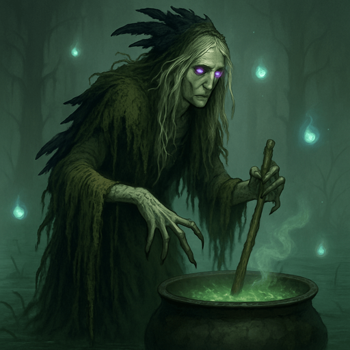 A hauntingly beautiful swamp witch draped in moss-draped robes and raven feathers. Female, 44 years old, tall and willowy, long tangled silver-blonde hair, glowing violet eyes, pale greenish skin marked with old runes. Fingers elongated and tipped with claws. She stirs a cauldron in the middle of a foggy, glowing swamp surrounded by will-o'-wisps. Realistic, highly detailed, eerie mystical style. realistic.
In-Game asset.  2d.  High contrast.  No shadows