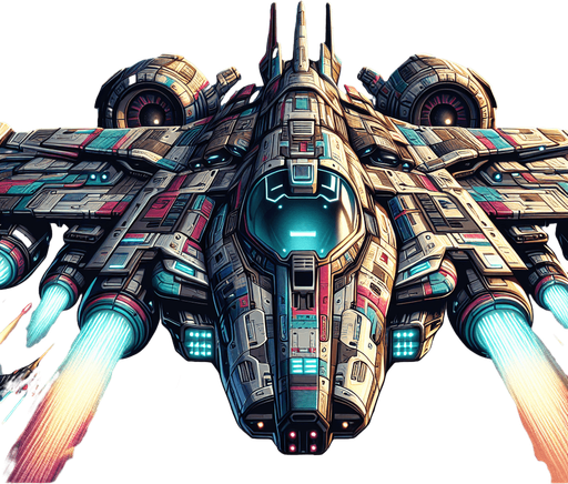 Appearance:

The spaceship should have a sleek, futuristic design, with details such as glowing engines, aerodynamic shapes, and customizable color schemes.
Design should include visual indicators for health or power-ups, such as glowing shields or an energy bar.
In the shooting game background, the spaceship should be attacking aliens descending from above. The design should show the spaceship firing bullets or launching bombs upward toward the approaching aliens, creating an intense and action-packed scene. The spaceship's attacks should look powerful and precise, emphasizing its role as the player's main weapon against the alien invasion.

The front of the spaceship should be facing upward..
Single Game Texture. In-Game asset. 2d. Blank background. High contrast. No shadows.