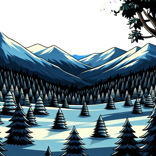 Mountain valley with snowy trees. Scenic view. Nighttime. Cartoon. Black background. New moon
Single Game Texture. In-Game asset. 2d. Blank background. High contrast. No shadows.