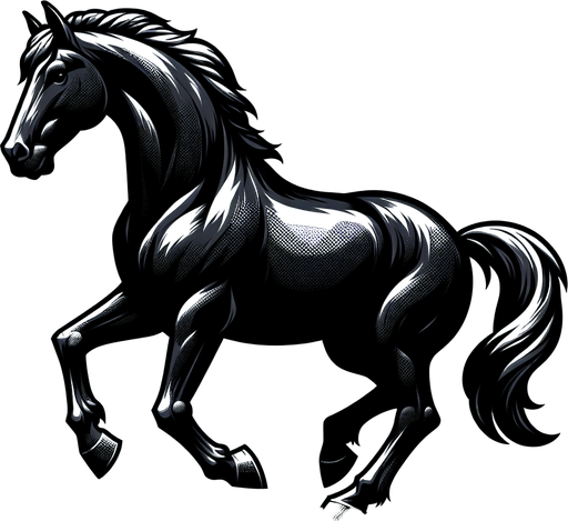 Black horse.
Single Game Texture.  In-Game asset.  2d.  Blank background.  High contrast.  No shadows