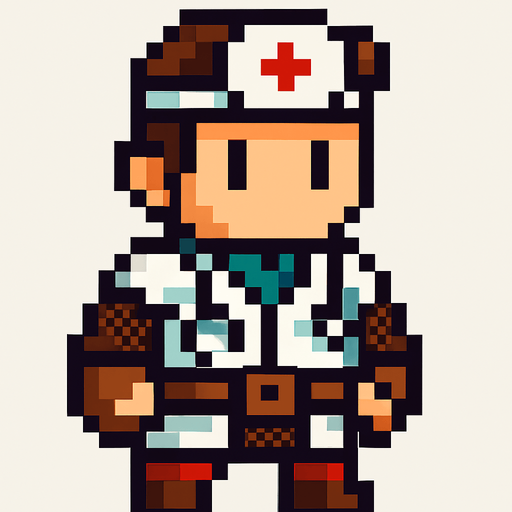 Genera una imagen de un médico guerrero pixel, y que su cabeza sea un poco más grande que el cuerpo. Y que no tenga armas 
In-Game asset.  2d.  High contrast.  No shadows