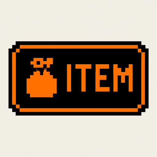 Black button with an orange outline that says "Item" and has a Bag icon, pixel art.
In-Game asset.  2d.  High contrast.  No shadows