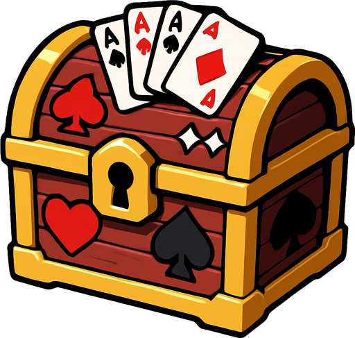 A small treasure chest with poker themed graphics on it. Anime style. 
In-Game asset.  2d.  High contrast.  No shadows
