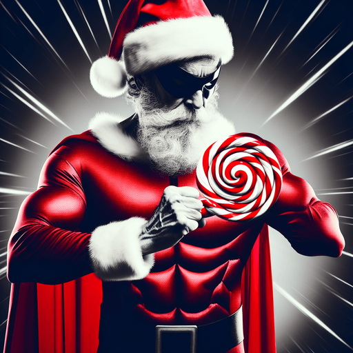 A old super hero Santa Claus holding a candy cane in his hand High contrast.