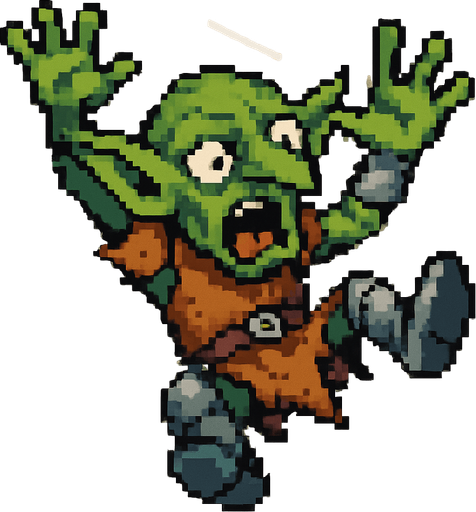 “Pixel art of a goblin falling through the air, viewed from top-down or slightly tilted angle. Arms and legs flailing, expression of surprise or fear, small fantasy armor pieces or tattered clothing. Wind or motion lines optional. Designed as a 2D game sprite, with exaggerated pose for clarity.”.
In-Game asset.  2d.  High contrast.  No shadows