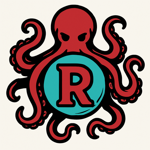 una esfera con una letra r dentro y un pulpo rodeando la esfera.
In-Game asset.  2d.  High contrast.  No shadows