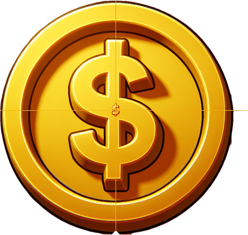 Gold coin with dollar sign.
Single Game Texture.  In-Game asset.  2d.  Blank background.  High contrast.  No shadows