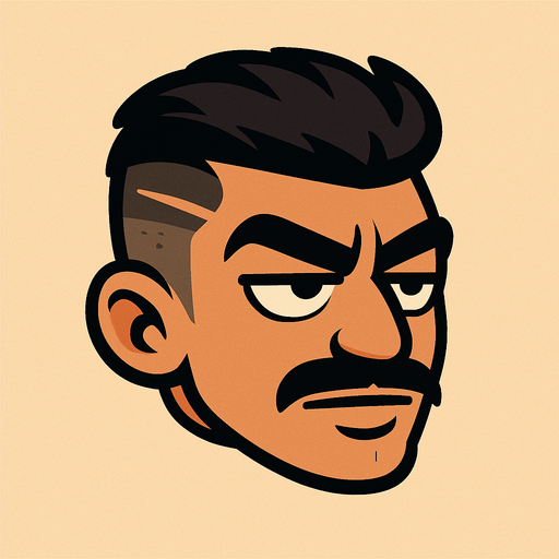 Cartoon-style head of a “keko” character inspired by Turkish street culture. The sides of his hair are shaved short, and the top is longer with volume. A clear razor line is cut into the left side of his hair. He has a thin mustache, thick eyebrows, and half-closed, confident eyes. His expression is bold and slightly smug. Skin tone is tan or medium. Facial features are sharp and masculine. The style is cartoonish, not realistic. The background is simple to keep focus on the head. The head is slightly tilted forward, as if flying like in Flappy Bird. Add a playful but tough street vibe..
In-Game asset.  2d.  High contrast.  No shadows