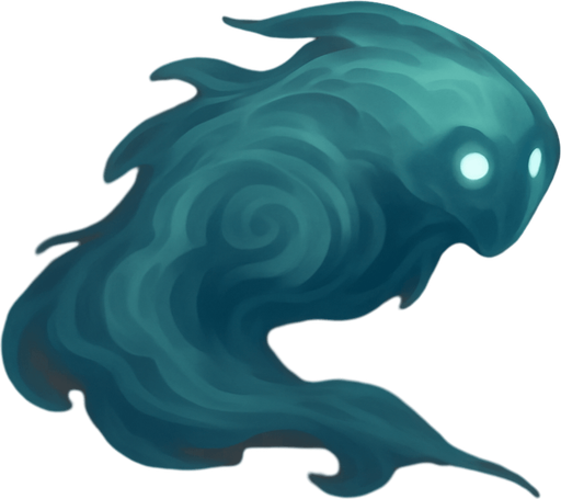 A single, isolated, highly detailed top-down isometric game asset of a Restless Spirit. It is an ethereal, translucent spectral figure, vaguely humanoid or beast-like, composed of swirling mist and faint light. Its form should be clearly defined but ghostly, with wispy edges. It can have two small, unblinking, glowing eyes or empty dark hollows for eyes (static). The spirit's body and implied 'head' should be clearly oriented towards the right side of the image, conveying its forward gliding motion. Style: Stylized, ghostly fantasy, semi-transparent, suitable for a Tower Defense game. Transparent background..
In-Game asset.  2d.  High contrast.  No shadows