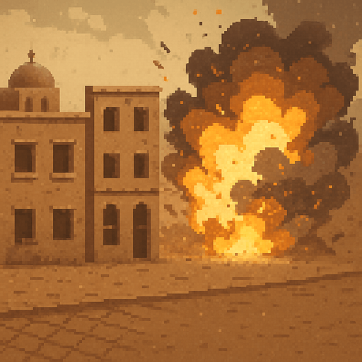 arabic street, islam, dust. background image. Bomb explotion in the background. pixelated. 2d. In-Game asset. flat