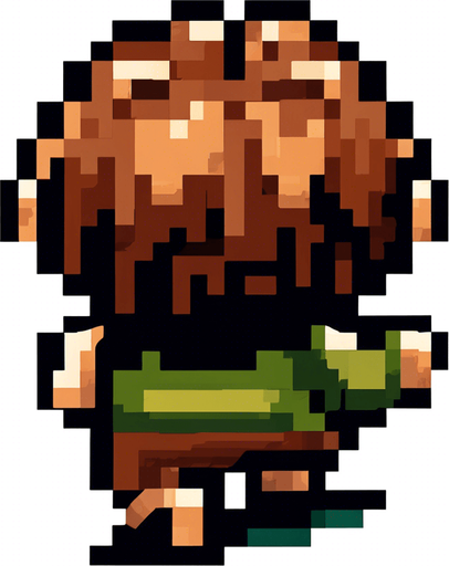 The hobbit is jumping. His feet stick out on either side as he jumps.  Pixel art